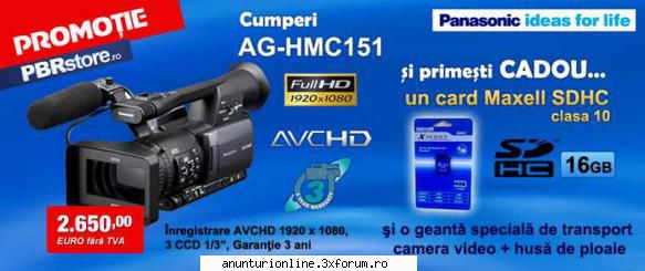 dealer autorizat panasonic broadcast vinde din stoc panasonic ag-hmc151  2650 eur. promotie! la